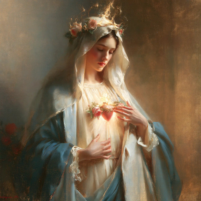 The Immaculate Heart of Mary — The Flower-Crowned Queen in Gentle Light