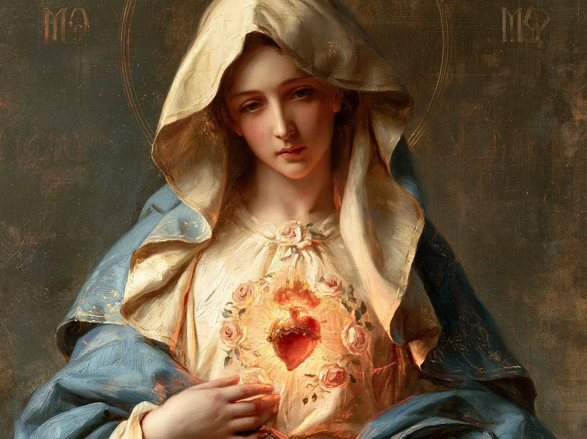 Mary with her Immaculate Heart in sacred maternal tenderness in Sacred Maternal Tenderness style, landscape Christian artwork no. 6