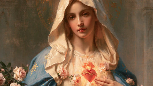 Mary with her Immaculate Heart in sacred maternal tenderness in Sacred Maternal Tenderness style, landscape Christian artwork no. 19