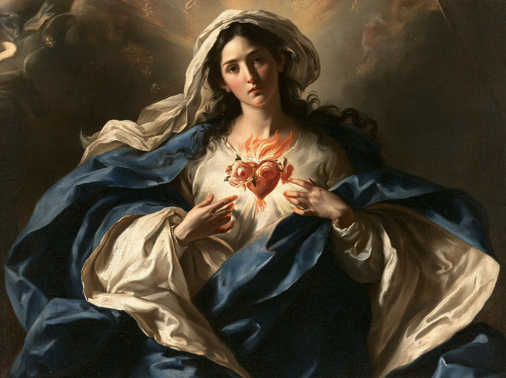 the Immaculate Heart of Mary in a theatrical Baroque scene in Theatrical Baroque style, landscape Christian artwork no. 3