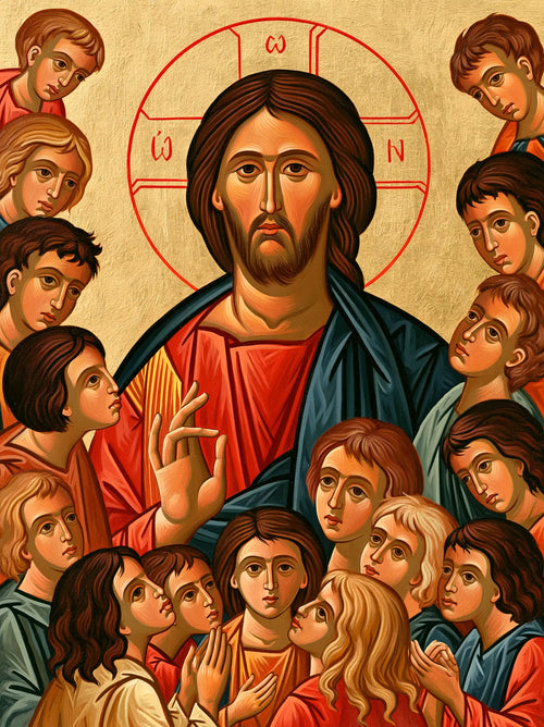 Jesus and the children in a contemporary Byzantine icon in Contemporary Byzantine style, portrait Christian artwork no. 9