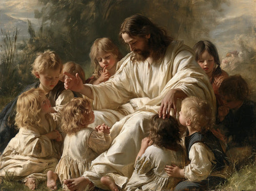 Jesus with children in Florentine Renaissance style in Florentine Renaissance style, landscape Christian artwork no. 2