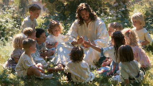 Jesus with children in an impressionist atmosphere in Impressionist style, landscape Christian artwork no. 9