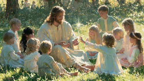 Jesus with children in an impressionist atmosphere in Impressionist style, landscape Christian artwork no. 12