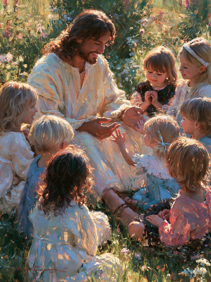 Jesus and the Children — Palms Drawn Together beneath the Pink Flowers
