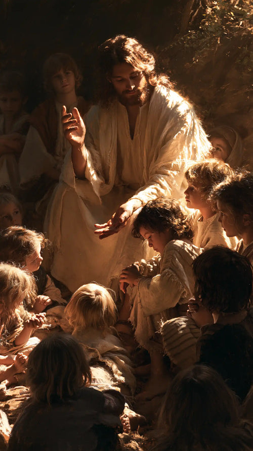 Jesus as divine light among the children in Jesus as Divine Light style, portrait Christian artwork no. 7