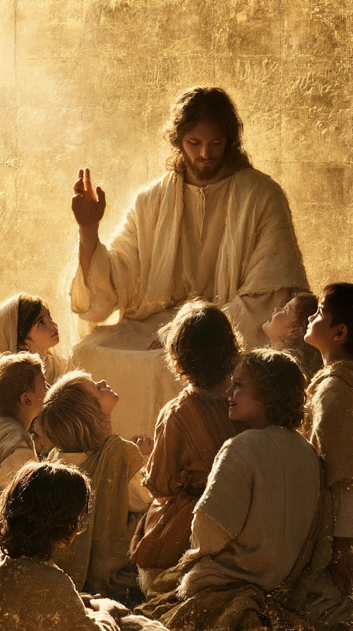Jesus welcoming children in radiant golden light in Sacred Gold style, portrait Christian artwork no. 6