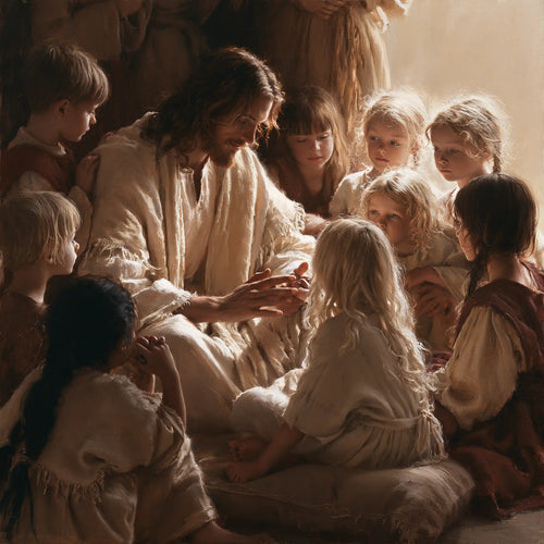 Jesus with children in a meditation on sacred innocence in Innocence as a Sacred Symbol style, square Christian artwork no. 2