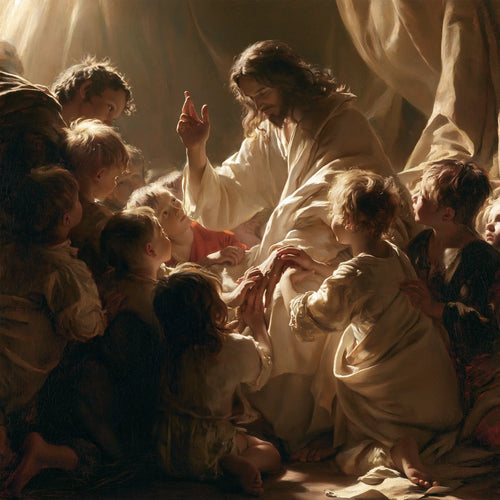 Jesus welcoming children in a theatrical Baroque scene in Theatrical Baroque style, square Christian artwork no. 2