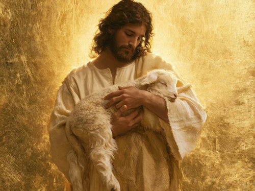 Jesus with a lamb in sacred golden light in Sacred Gold style, landscape Christian artwork no. 3