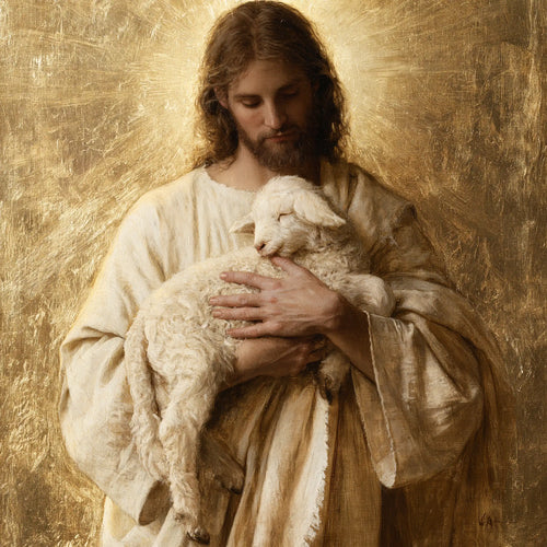 Jesus with a lamb in sacred golden light in Sacred Gold style, square Christian artwork no. 5
