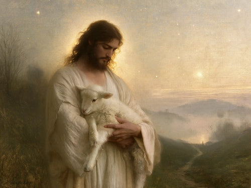 Jesus and the lamb in a symbolist composition in Symbolist style, landscape Christian artwork no. 6