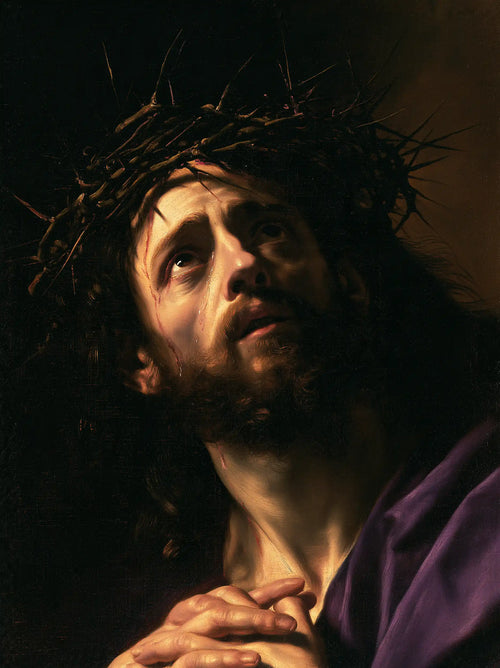 Jesus crowned with thorns in dramatic chiaroscuro in Caravaggio Tenebrism style, portrait Christian artwork no. 13