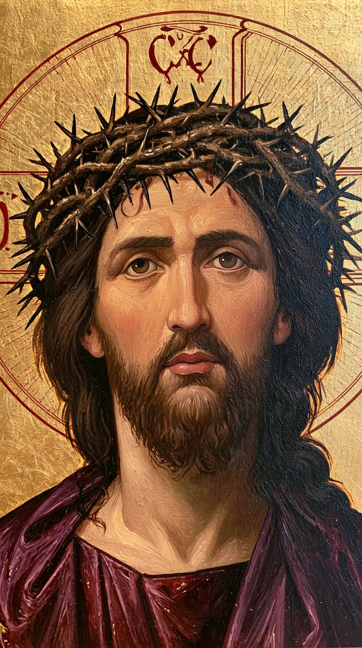 Jesus Crowned with Thorns — Purple Folds at the Icon’s Threshold
