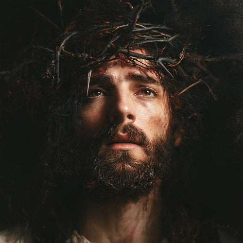 Jesus crowned with thorns as divine light in suffering in Jesus as Divine Light in Suffering style, square Christian artwork no. 4
