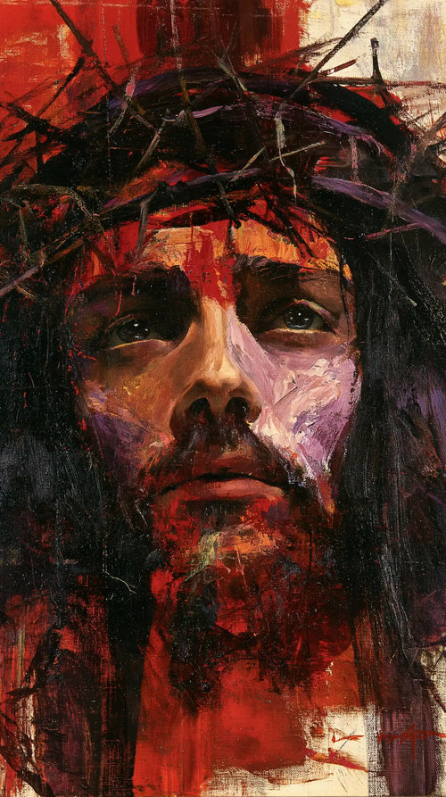 Jesus crowned with thorns in an expressionist composition in Expressionist style, portrait Christian artwork no. 2