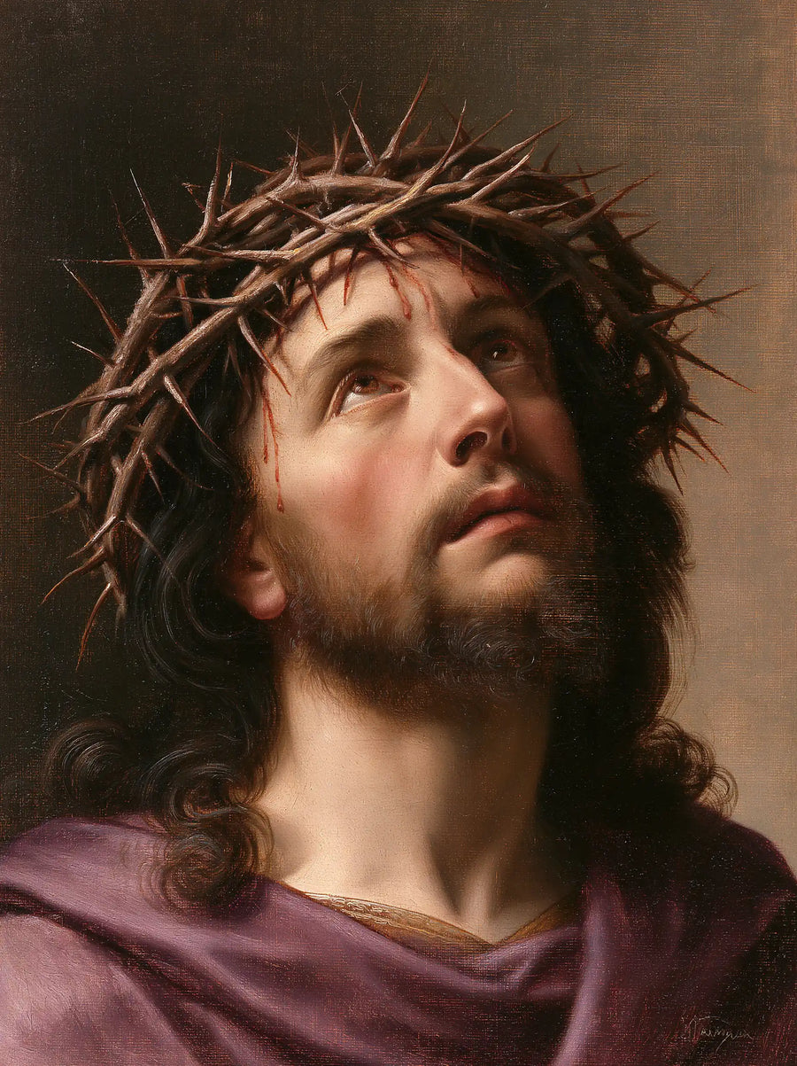 Jesus Crowned with Thorns — The Gaze above Plum-Colored Folds