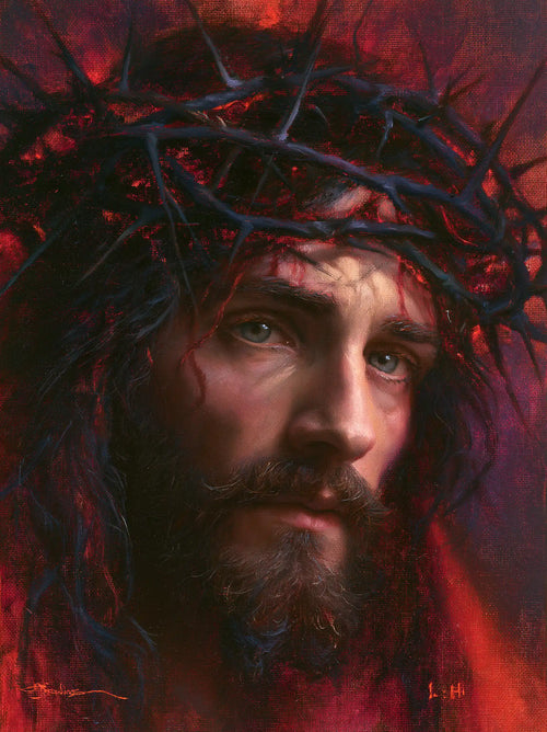 Jesus crowned with thorns with hidden glory in suffering in Hidden Glory in Suffering style, portrait Christian artwork no. 10