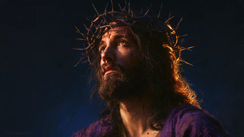 Jesus crowned with thorns in midnight blue chiaroscuro in Midnight Blue Chiaroscuro style, landscape Christian artwork no. 8