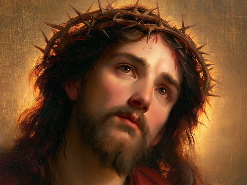 Jesus crowned with thorns in red, violet and gold in Crown of Thorns in Red, Violet and Gold style, landscape Christian artwork no. 2