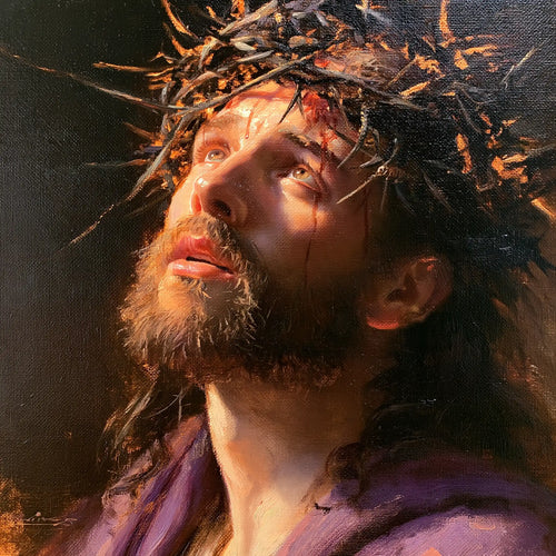 Jesus crowned with thorns in sacred sorrow in Sacred Sorrow style, square Christian artwork no. 4