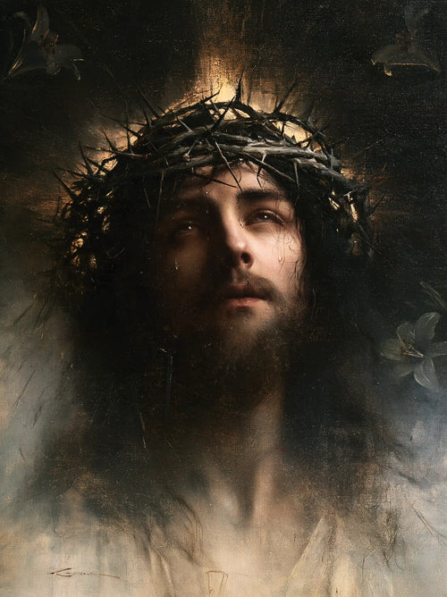 Jesus crowned with thorns in a symbolist composition in Symbolist style, portrait Christian artwork no. 15