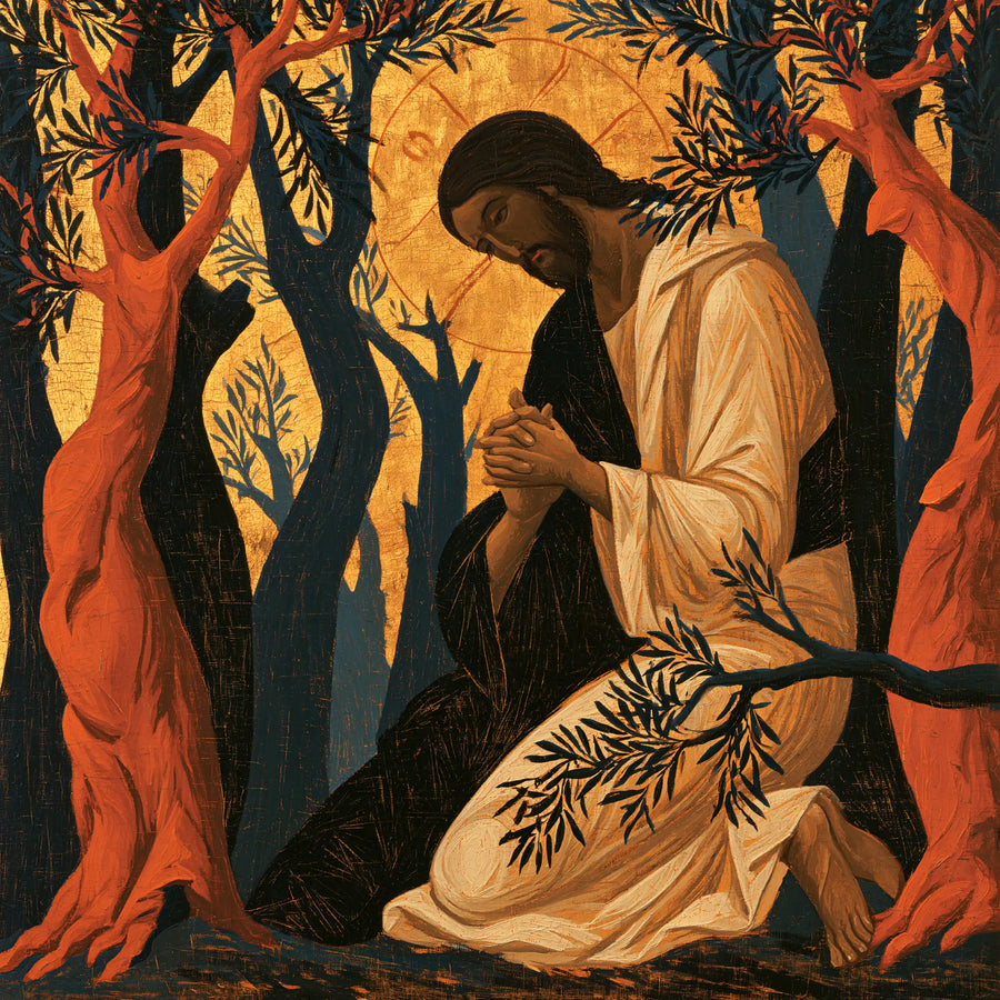 Jesus in Gethsemane — Ivory Prayer between Red Trees