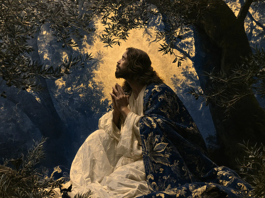 Jesus in Gethsemane — The Embroidered Cloak beneath Golden Sky