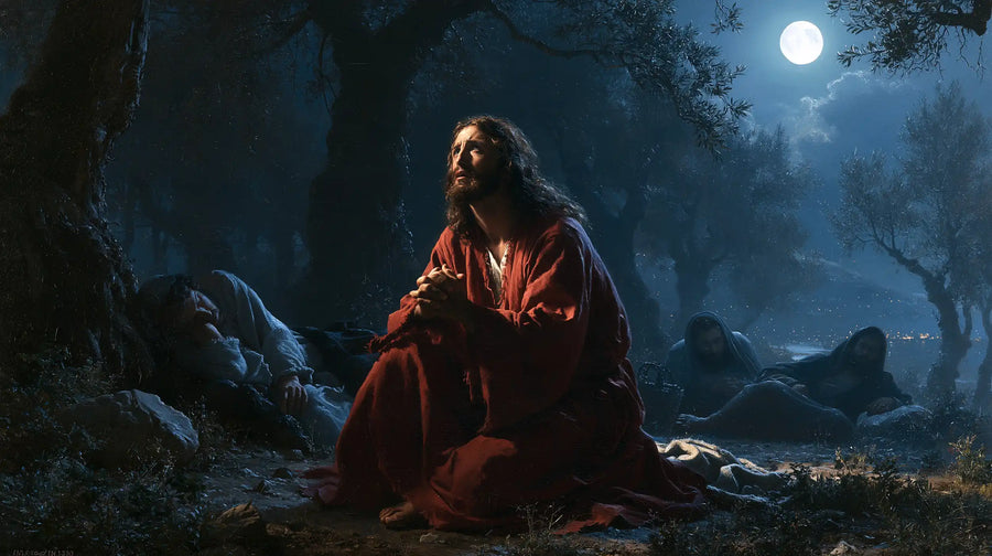 Jesus in Gethsemane — Scarlet among Sleeping Shadows