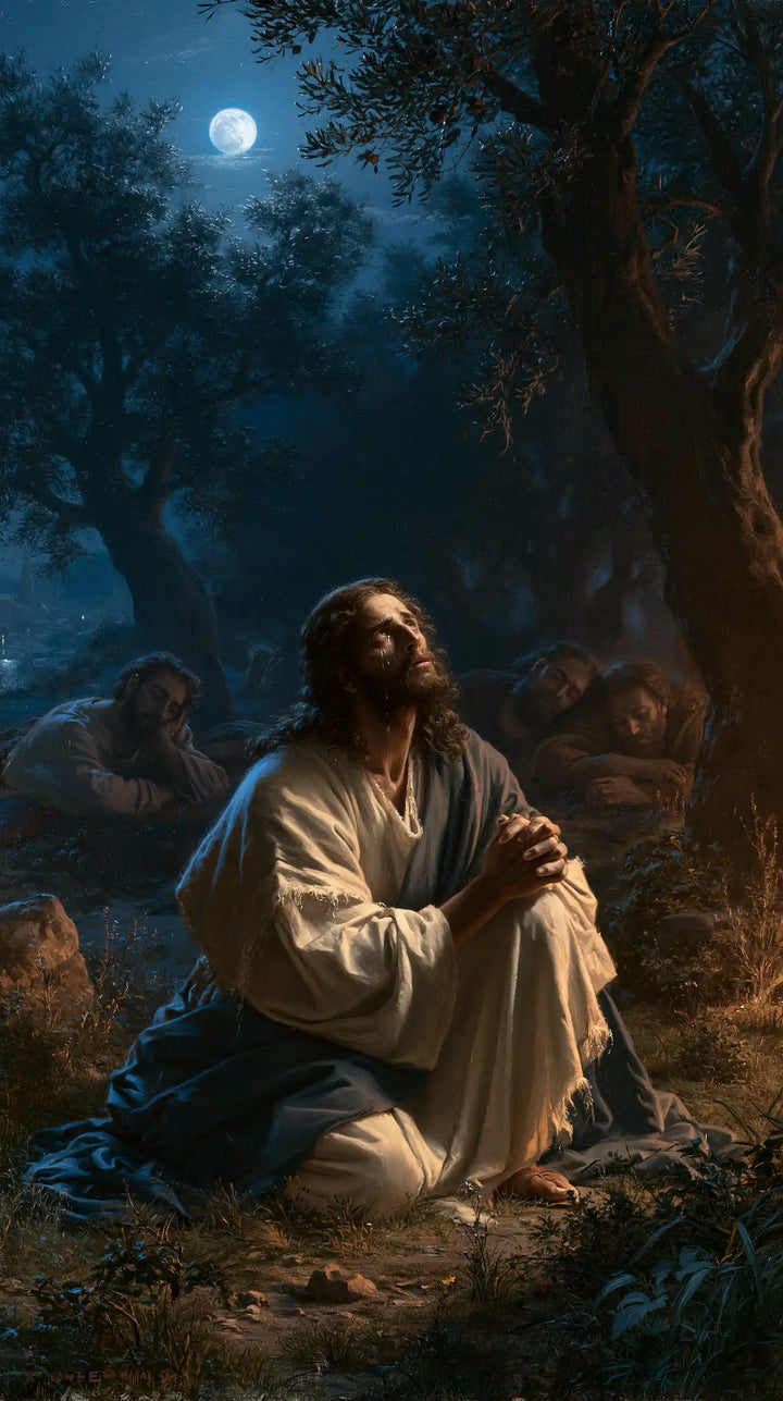 Jesus in Gethsemane — The Watcher beneath the Midnight Trunk
