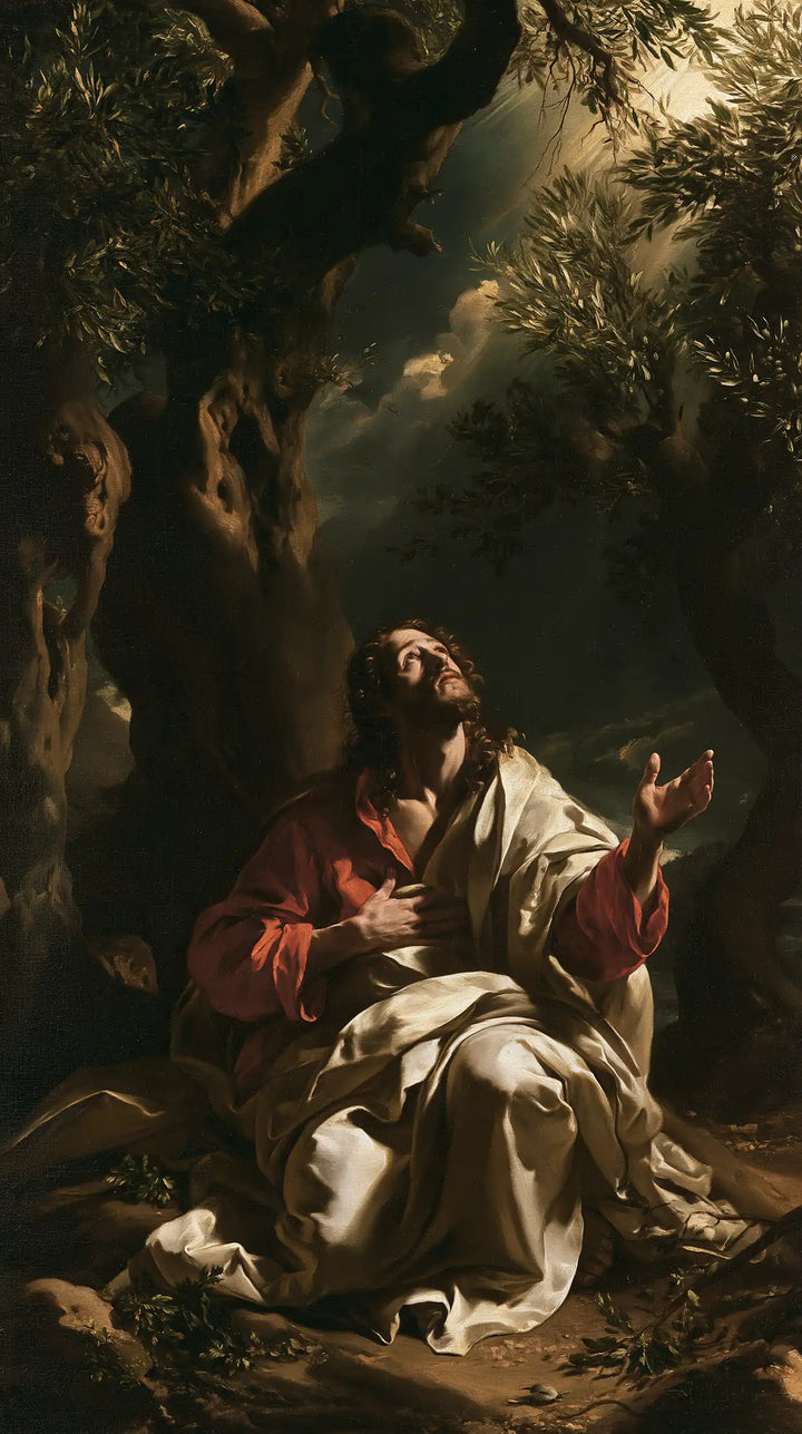 Jesus in Gethsemane — Prayer beneath High Amber Boughs