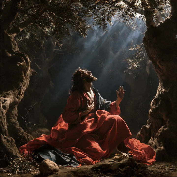 Jesus in Gethsemane — Scarlet beneath the Source of Light