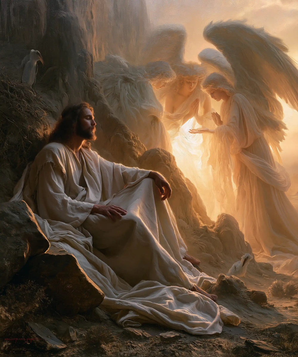angels ministering to Jesus after the temptation in Angels After the Temptation style, portrait Christian artwork no. 41