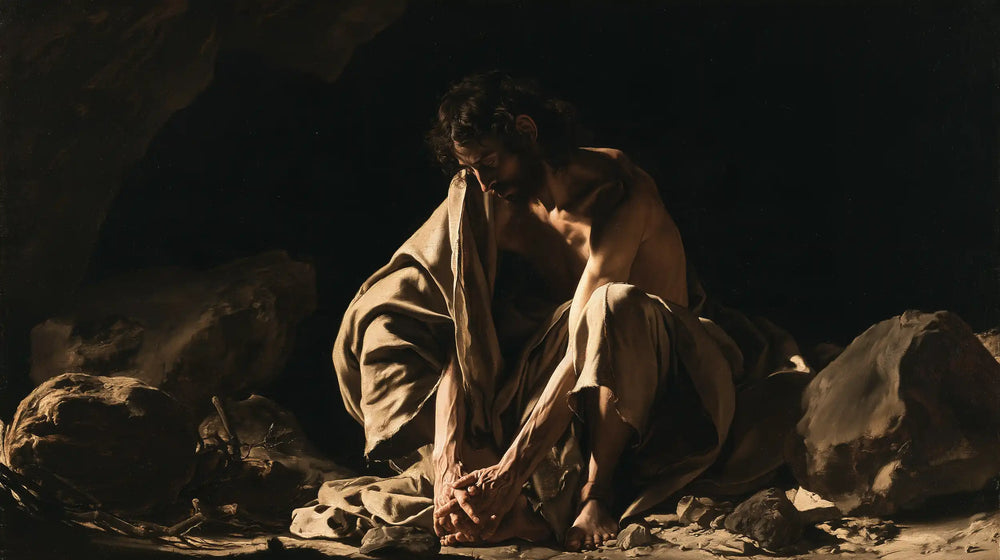 Jesus in the desert during the temptation in Caravaggio Tenebrism style, landscape Christian artwork no. 17