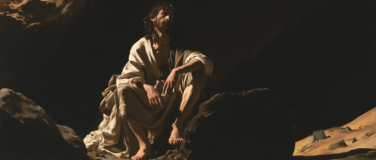 Jesus in the desert during the temptation in Caravaggio Tenebrism style, landscape Christian artwork no. 23