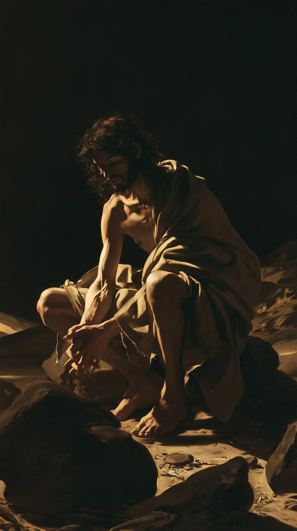 Jesus in the desert during the temptation in Caravaggio Tenebrism style, portrait Christian artwork no. 8