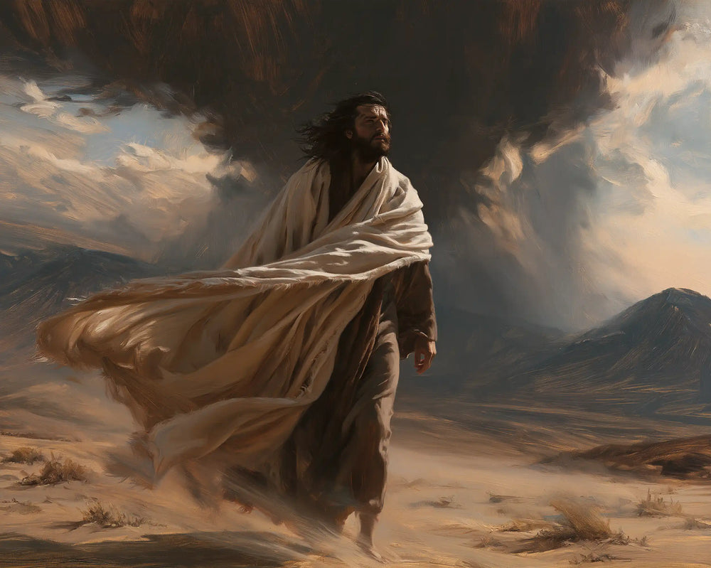 Jesus confronting an inner spiritual struggle in the desert in The Inner Struggle style, landscape Christian artwork no. 5