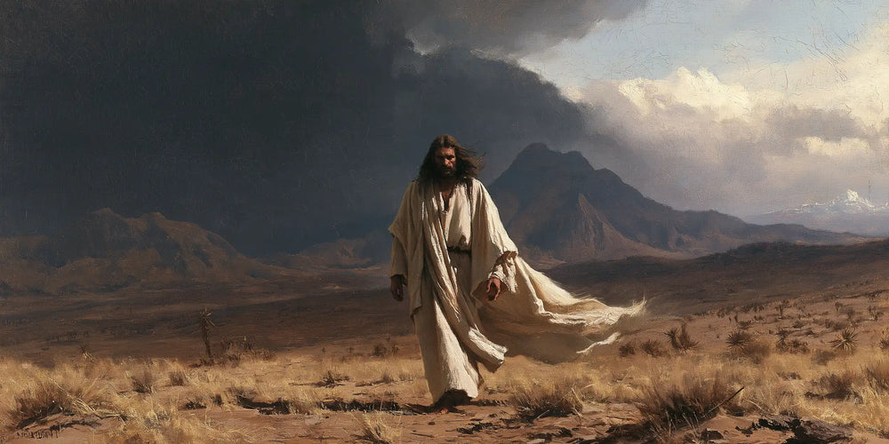 Jesus confronting an inner spiritual struggle in the desert in The Inner Struggle style, landscape Christian artwork no. 19