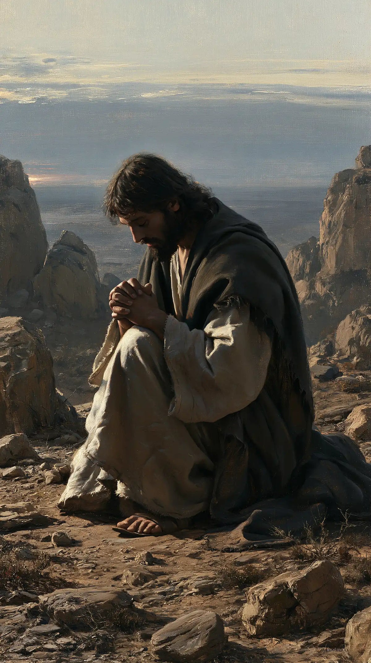 Jesus praying alone in the desert in Jesus in Prayer style, portrait Christian artwork no. 12