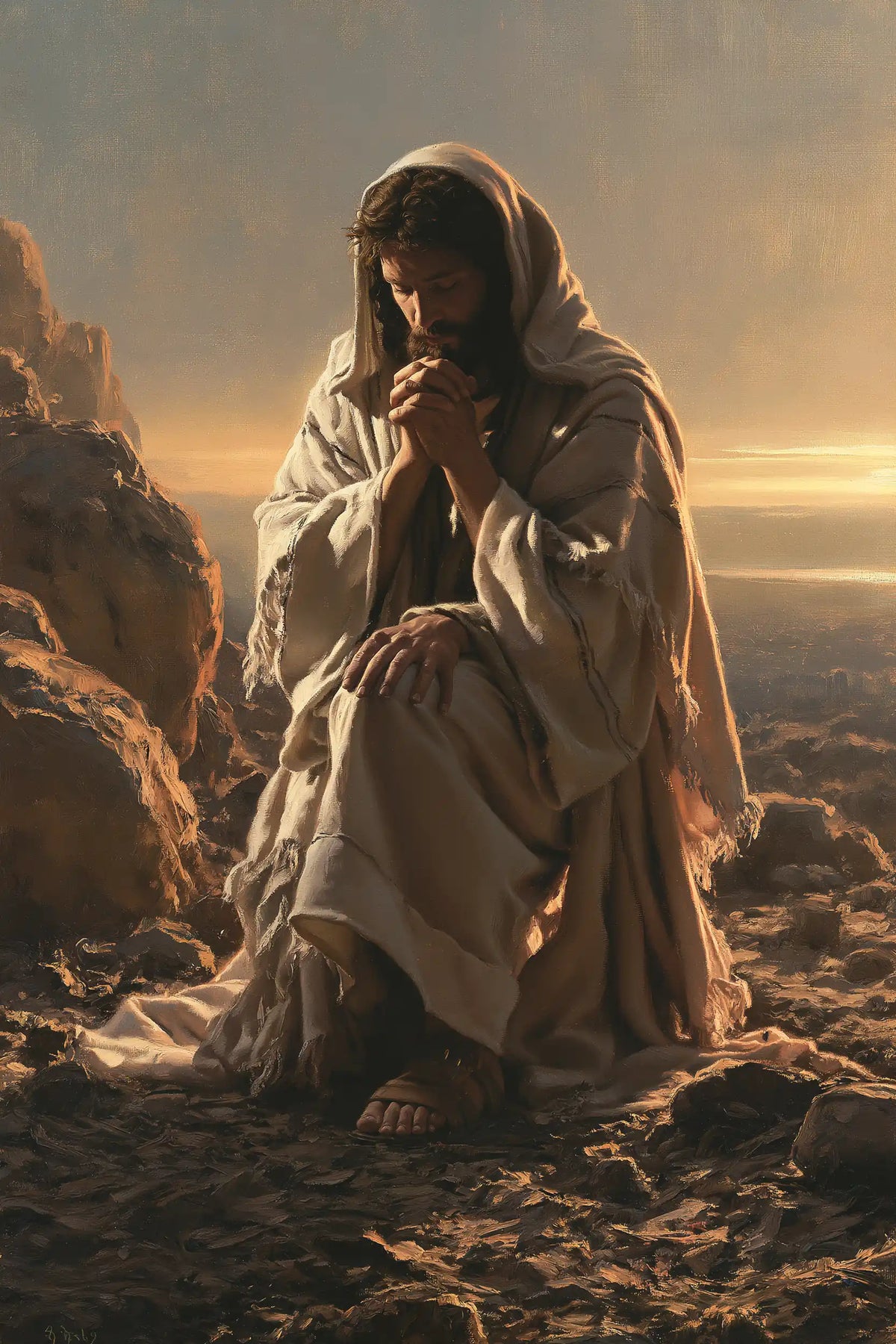 Jesus praying alone in the desert in Jesus in Prayer style, portrait Christian artwork no. 30