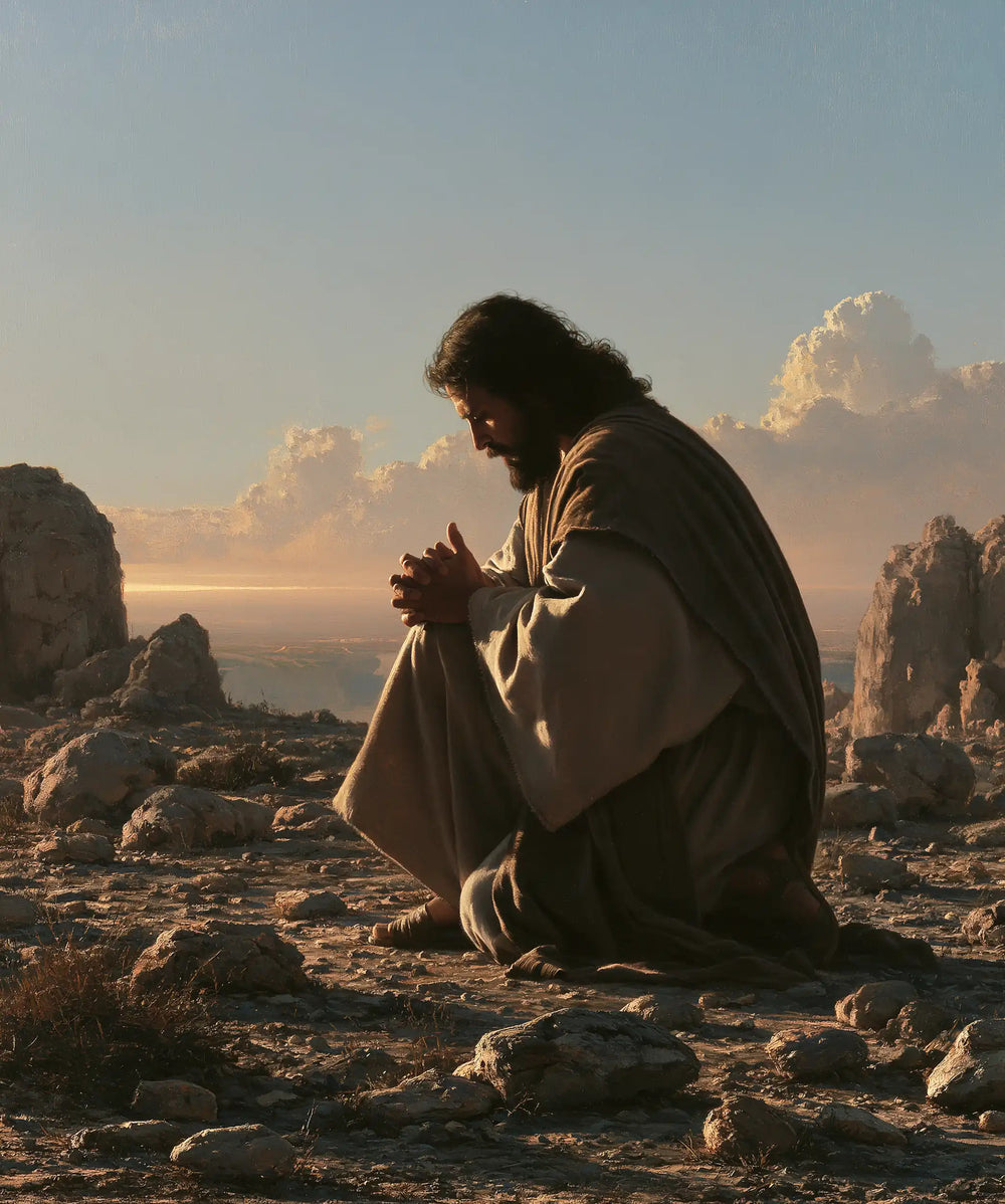 Jesus praying alone in the desert in Jesus in Prayer style, portrait Christian artwork no. 44