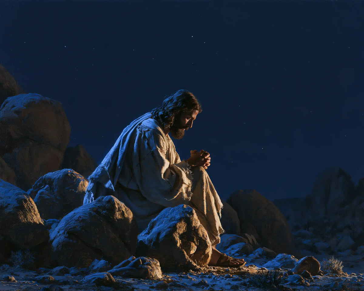 Jesus in the desert during the temptation in Midnight Blue Chiaroscuro style, landscape Christian artwork no. 6