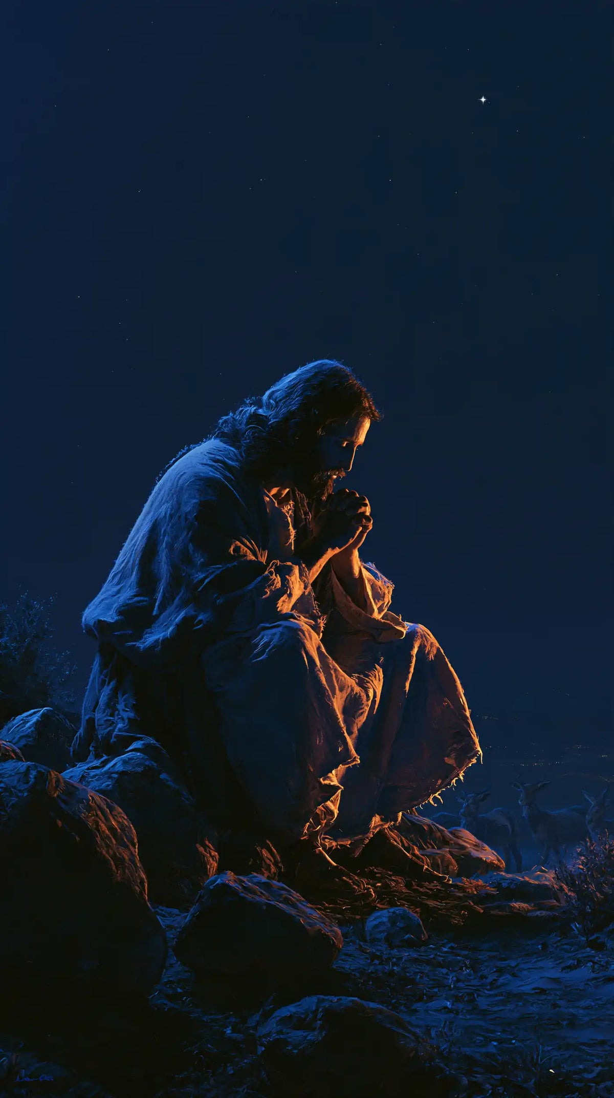Jesus in the desert during the temptation in Midnight Blue Chiaroscuro style, portrait Christian artwork no. 5