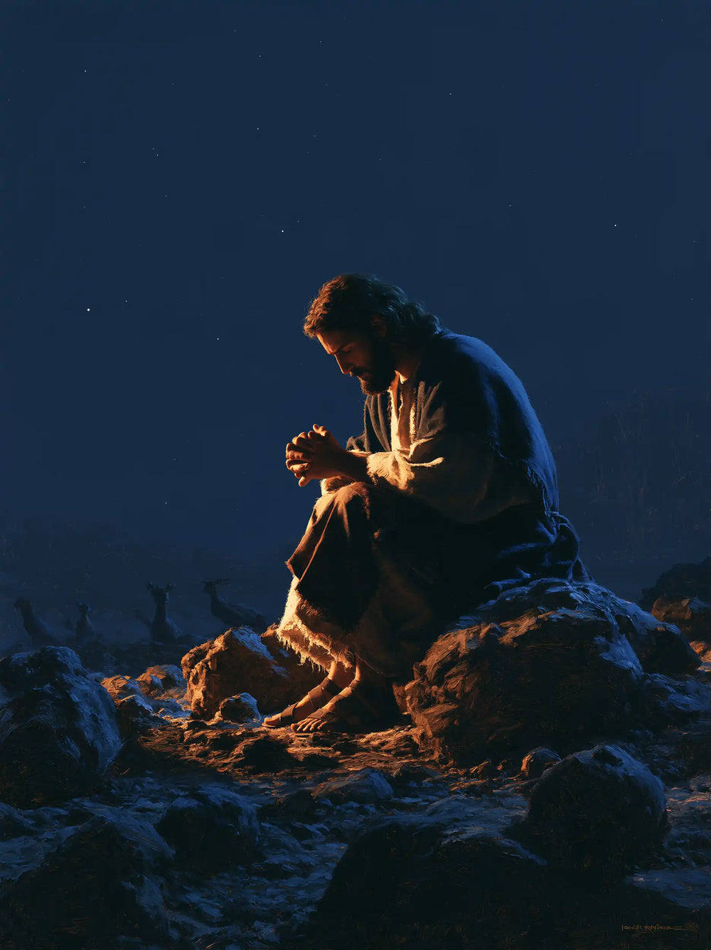 Jesus in the desert during the temptation in Midnight Blue Chiaroscuro style, portrait Christian artwork no. 35