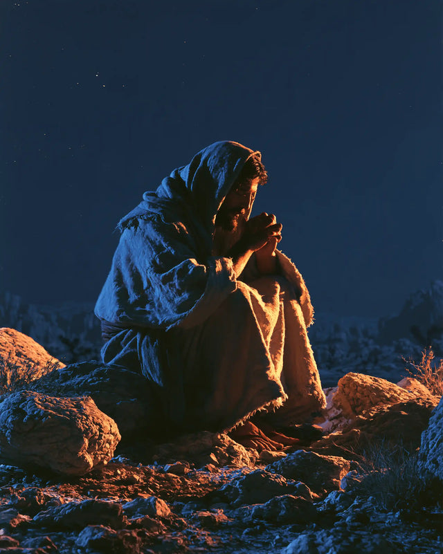Jesus in the Desert — Hands above the Red Stones