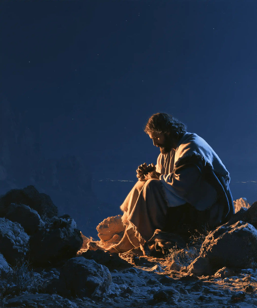 Jesus in the desert during the temptation in Midnight Blue Chiaroscuro style, portrait Christian artwork no. 42