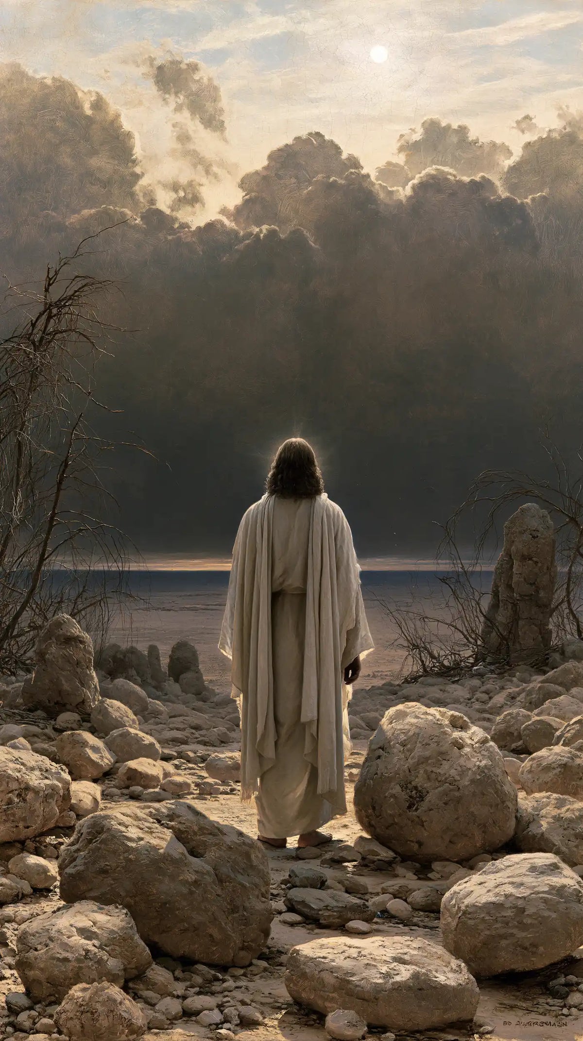 Jesus in the desert during the temptation in Symbolist style, portrait Christian artwork no. 14