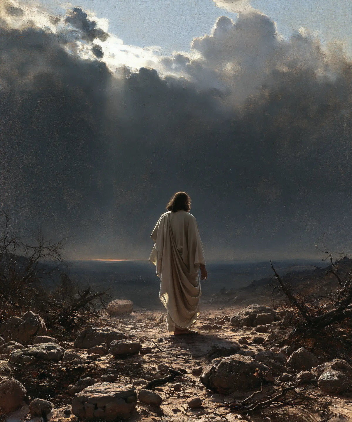 Jesus in the desert during the temptation in Symbolist style, portrait Christian artwork no. 40