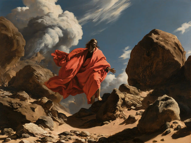 Jesus in the Desert — Crimson among the Golden Boulders
