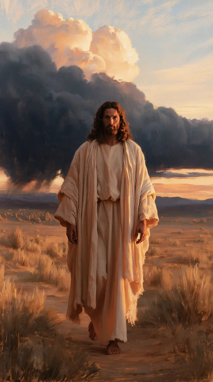 Jesus in the Desert — The Rose-Tinted Walk beneath the Crowned Clouds